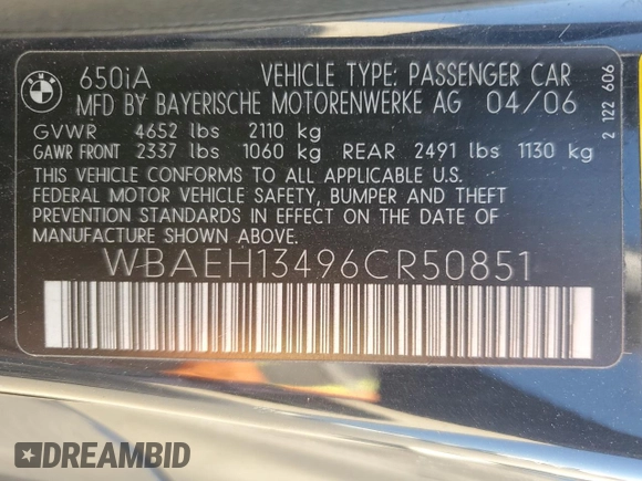 2006 BMW 6 Series 650Ci with VIN WBAEH13496CR50851, listed as a Copart auction lot 87455644 with 57,481 mi miles and Salvage Title. Bid and sale history available at carsss.com. Image 14.