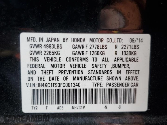 2015 Acura RLX Advance with VIN JH4KC1F93FC001340, listed as a Copart auction lot 82438264 with 115,370 mi miles and Salvage title. Bid and sale history available at DreamBid. Image 12.