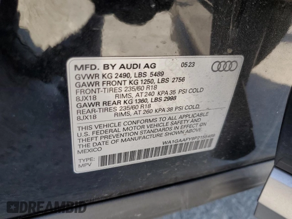 2023 Audi Q5 S line Premium with VIN WA1GAAFY9P2155489, listed as a Copart auction lot 58023625 with 18,513 mi miles and Salvage title. Bid and sale history available at DreamBid. Image 13.
