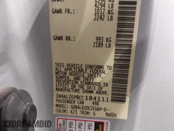 2012 Nissan Altima S with VIN 1N4AL2EP8CC184111, listed as a IAAI auction lot 42038039 with 151,540 mi miles and . Bid and sale history available at DreamBid. Image 9.
