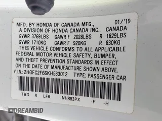 2019 Honda Civic Sedan LX with VIN 2HGFC2F66KH533012, listed as a IAAI auction lot 40608414 with 116,649 mi miles. Bid and sale history available at carsss.com. Image 9.