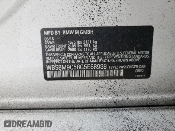 2016 BMW M3 with VIN WBS8M9C58G5E68988, listed as a Copart auction lot 58784185 with 86,577 mi miles and Clean title. Bid and sale history available at DreamBid. Image 12.