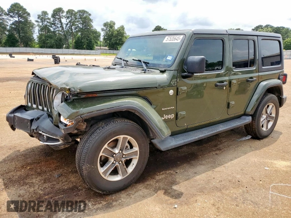 2021 Jeep Wrangler Unlimited Sahara with VIN 1C4HJXEN5MW591989, listed as a Copart auction lot 57535645 with 80,923 mi miles and Salvage title. Bid and sale history available at DreamBid. Image 1.