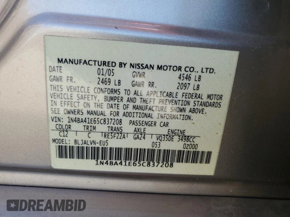 2005 Nissan Maxima SE z VIN 1N4BA41E65C837208, wystawiony jako Copart lot #57989065 z przebiegiem 86 293 mil mil oraz Szkoda całkowita • Salvage title. Historia ofert i sprzedaży dostępna na DreamBid. Obrazek 13.