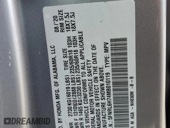 2021 Honda Odyssey EX-L with VIN 5FNRL6H74MB010119, listed as a Copart auction lot 52353355 with 39,366 mi miles and Salvage Title. Bid and sale history available at DreamBid. Image 14.