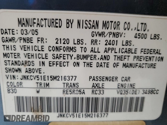 2005 Infiniti G35 with VIN JNKCV51E15M216377, listed as a Copart auction lot 57979994 with 147,084 mi miles and Salvage Title. Bid and sale history available at DreamBid. Image 14.
