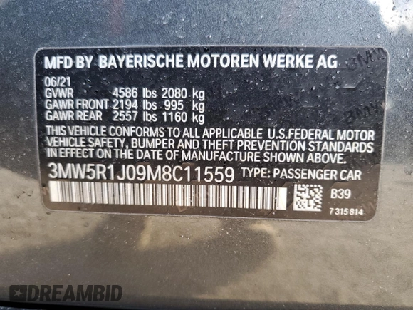 2021 BMW 3 Series 330i with VIN 3MW5R1J09M8C11559, listed as a Copart auction lot 71720262 with 36,950 mi miles and . Bid and sale history available at DreamBid. Image 12.