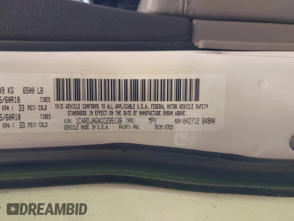 2012 Dodge Durango SXT with VIN 1C4RDJAGXCC295138, listed as a IAAI auction lot 42333094 with 96,581 mi miles and . Bid and sale history available at DreamBid. Image 9.