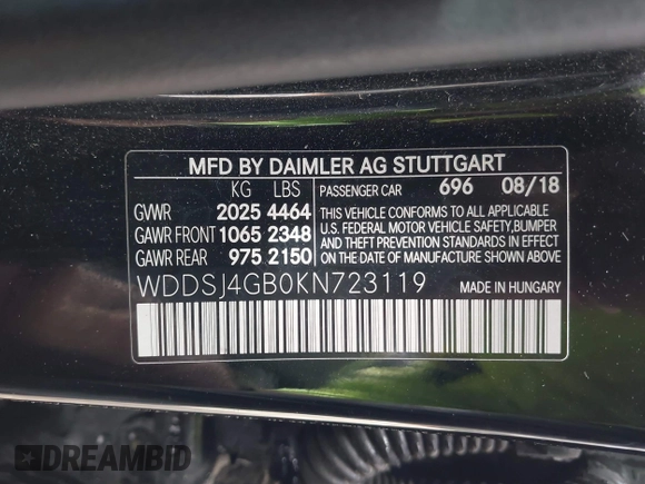 2019 Mercedes-Benz CLA 250 with VIN WDDSJ4GB0KN723119, listed as a IAAI auction lot 42036988 with 66,292 mi miles and . Bid and sale history available at DreamBid. Image 9.