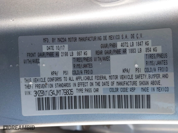 2018 Mazda Mazda3 4-Door Touring with VIN 3MZBN1V34JM179805, listed as a IAAI auction lot 41734757 with 59,468 mi miles. Bid and sale history available at carsss.com. Image 9.