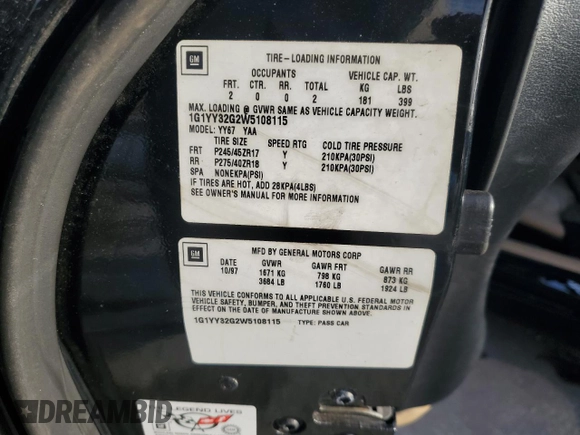 1998 Chevrolet Corvette with VIN 1G1YY32G2W5108115, listed as a Copart auction lot 78570304 with 108,644 mi miles and Salvage Title. Bid and sale history available at carsss.com. Image 14.