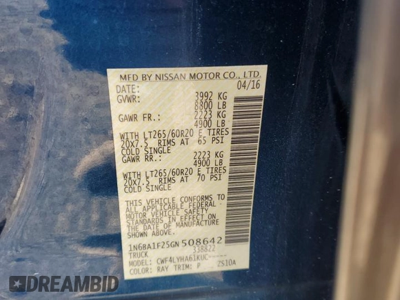 2016 Nissan Titan SV with VIN 1N6BA1F25GN508642, listed as a Copart auction lot 50738195 with 109,527 mi miles and Salvage title. Bid and sale history available at DreamBid. Image 14.