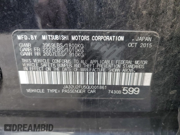 2016 Mitsubishi Lancer ES with VIN JA32U2FU5GU001861, listed as a Copart auction lot 76461034 with 136,135 mi miles and Salvage Title. Bid and sale history available at DreamBid. Image 12.