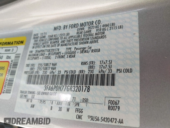 2016 Ford Fusion SE with VIN 3FA6P0H77GR320178, listed as a IAAI auction lot 42049776 with 82,155 mi miles and . Bid and sale history available at DreamBid. Image 9.