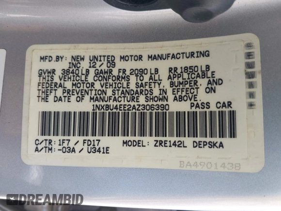 2010 Toyota Corolla with VIN 1NXBU4EE2AZ306390, listed as a IAAI auction lot 42204856 with 178,111 mi miles and . Bid and sale history available at DreamBid. Image 9.