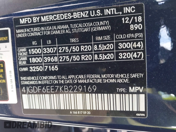 2019 Mercedes-Benz GLS 450 with VIN 4JGDF6EE7KB229169, listed as a IAAI auction lot 42558733 with 21,477 mi miles and . Bid and sale history available at DreamBid. Image 9.