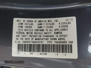 2013 Honda Accord EX z VIN 1HGCR2F79DA029761, wystawiony jako IAAI lot #42345850 z przebiegiem 169 562 mil mil oraz . Historia ofert i sprzedaży dostępna na DreamBid. Obrazek 9.