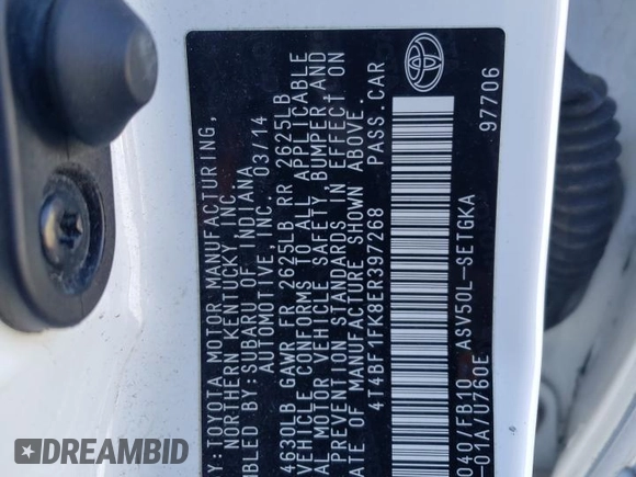2014 Toyota Camry L with VIN 4T4BF1FK8ER397268, listed as a Copart auction lot 52114735 with 122,210 mi miles and Clean Title. Bid and sale history available at DreamBid. Image 12.
