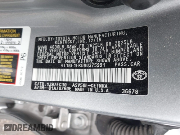 2017 Toyota Camry XLE with VIN 4T1BF1FK0HU375991, listed as a IAAI auction lot 42026712 with 65,321 mi miles and . Bid and sale history available at DreamBid. Image 9.