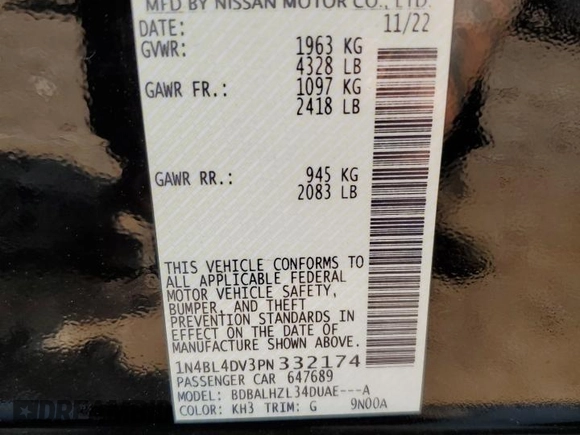 2023 Nissan Altima SV с VIN 1N4BL4DV3PN332174, выставлен на аукционе Copart как лот 59200105 с пробегом 31 639 миль миль и Списание • Salvage title. История ставок и продаж доступна на DreamBid. Изображение 13.