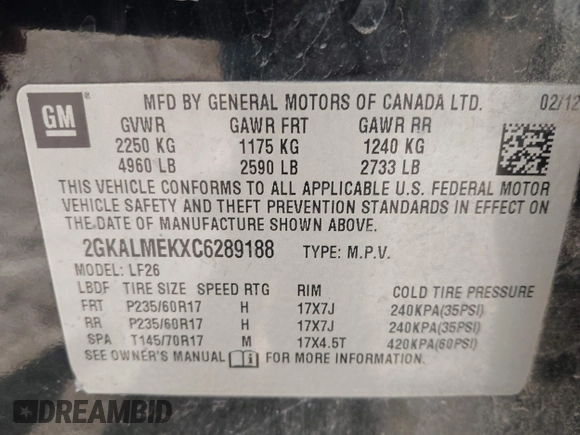 2012 GMC Terrain SLE-1 with VIN 2GKALMEKXC6289188, listed as a IAAI auction lot 42049598 with 244,072 mi miles and . Bid and sale history available at carsss.com. Image 8.