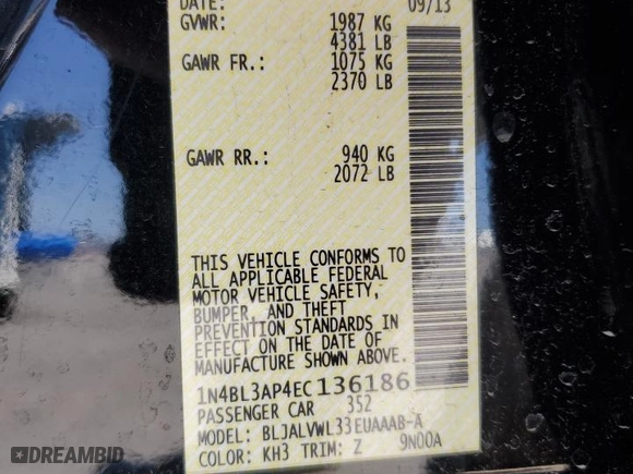 2014 Nissan Altima 3.5 SL with VIN 1N4BL3AP4EC136186, listed as a Copart auction lot 52159175 with 140,673 mi miles and Salvage Title. Bid and sale history available at carsss.com. Image 12.