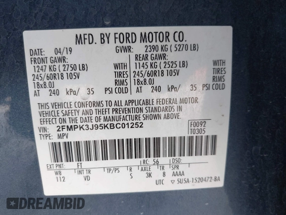 2019 Ford Edge SEL with VIN 2FMPK3J95KBC01252, listed as a IAAI auction lot 42004080 with 32,642 mi miles and . Bid and sale history available at DreamBid. Image 9.