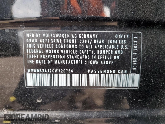 2012 Volkswagen Golf w/Conv with VIN WVWDB7AJ2CW320756, listed as a Copart auction lot 54572005 with 37,088 mi miles and Salvage title. Bid and sale history available at DreamBid. Image 12.