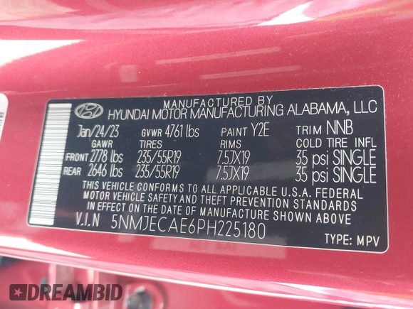 2023 Hyundai Tucson Limited with VIN 5NMJECAE6PH225180, listed as a IAAI auction lot 42095520 with 29,148 mi miles and . Bid and sale history available at DreamBid. Image 9.