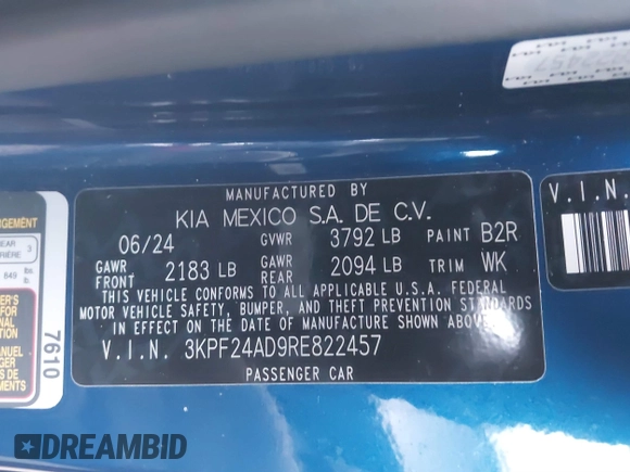 2024 Kia Forte LXS z VIN 3KPF24AD9RE822457, wystawiony jako IAAI lot #41235294 z przebiegiem 5 612 mil mil oraz . Historia ofert i sprzedaży dostępna na DreamBid. Obrazek 9.