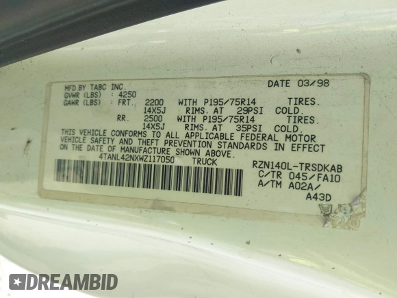1998 Toyota Tacoma with VIN 4TANL42NXWZ117050, listed as a IAAI auction lot 41872096 with 333,863 mi miles. Bid and sale history available at carsss.com. Image 9.