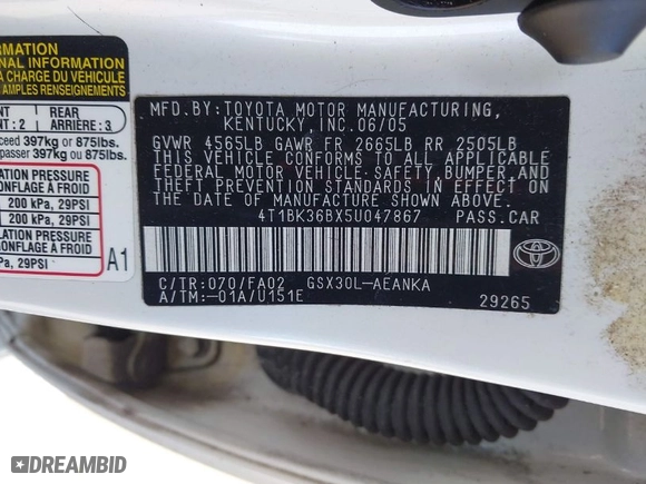 2005 Toyota Avalon XL with VIN 4T1BK36BX5U047867, listed as a IAAI auction lot 41895703 with NaN miles. Bid and sale history available at carsss.com. Image 9.