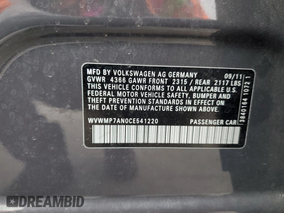 2012 Volkswagen CC Sport PZEV with VIN WVWMP7AN0CE541220, listed as a Copart auction lot 53468225 with 91,689 mi miles and Salvage Title. Bid and sale history available at carsss.com. Image 12.