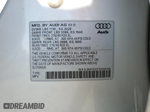 2012 Audi Q7 3.0L TDI Premium Plus with VIN WA1LMAFE2CD008148, listed as a Copart auction lot 54406945 with 138,911 mi miles and Salvage Title. Bid and sale history available at carsss.com. Image 13.