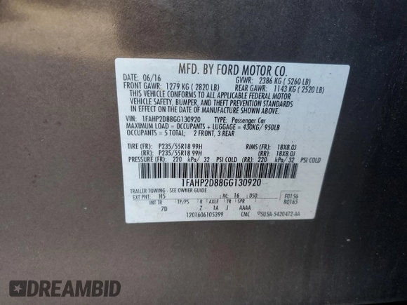 2016 Ford Taurus SE с VIN 1FAHP2D88GG130920, выставлен на аукционе Copart как лот 88100145 с пробегом 170 135 миль миль и Списание • Salvage title. История ставок и продаж доступна на DreamBid. Изображение 15.