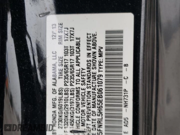 2014 Honda Odyssey EX-L with VIN 5FNRL5H65EB061079, listed as a Copart auction lot 48259855 with 126,498 mi miles and Salvage Title. Bid and sale history available at DreamBid. Image 16.