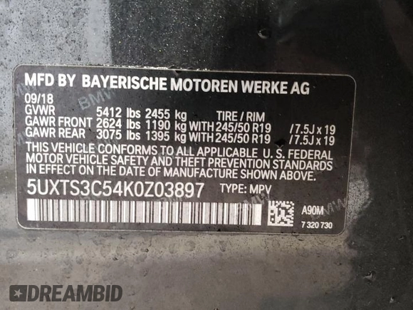 2019 BMW X3 M40i with VIN 5UXTS3C54K0Z03897, listed as a Copart auction lot 51805765 with 73,374 mi miles and Salvage Title. Bid and sale history available at DreamBid. Image 15.