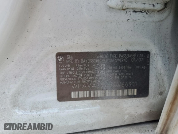 2007 BMW 3 Series 328i with VIN WBAVA33507PV66301, listed as a Copart auction lot 52763635 with 168,598 mi miles and Clean Title. Bid and sale history available at DreamBid. Image 12.