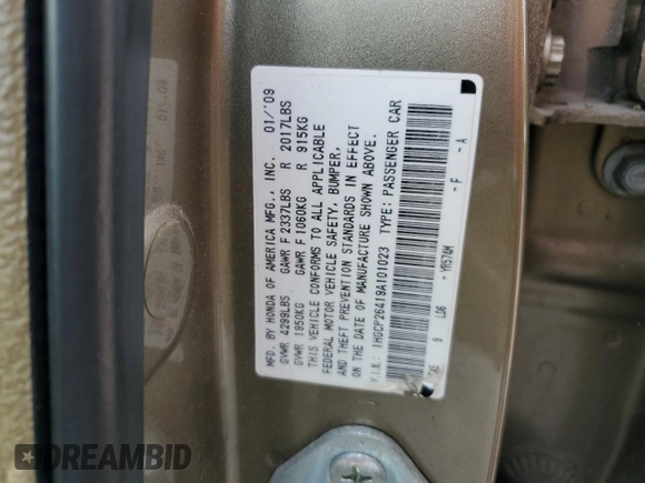 2009 Honda Accord LX-P z VIN 1HGCP26419A101023, wystawiony jako Copart lot #59568685 z przebiegiem 161 578 mil mil oraz Szkoda całkowita • Salvage title. Historia ofert i sprzedaży dostępna na DreamBid. Obrazek 12.