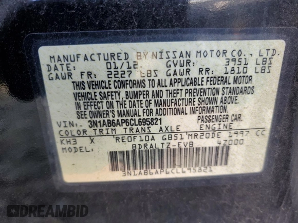 2012 Nissan Sentra SR with VIN 3N1AB6AP6CL695821, listed as a Copart auction lot 49428445 with 162,721 mi miles and Salvage Title. Bid and sale history available at DreamBid. Image 12.