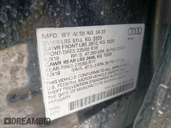 2022 Audi Q3 Premium with VIN WA1AUCF31N1121658, listed as a Copart auction lot 58753395 with 75,087 mi miles and Salvage title. Bid and sale history available at DreamBid. Image 13.