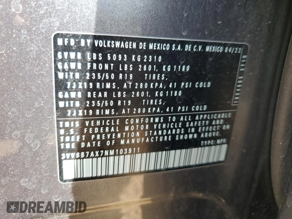 2022 Volkswagen Tiguan SE R-Line Black z VIN 3VV8B7AX7NM103911, wystawiony jako Copart lot #52364135 z przebiegiem 54 375 mil mil oraz Szkoda całkowita • Salvage title. Historia ofert i sprzedaży dostępna na DreamBid. Obrazek 15.