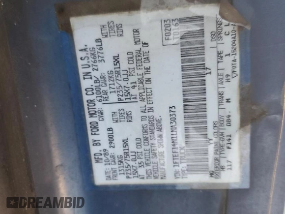 1990 Ford F-150 with VIN 1FTEF14N1LNA30373, listed as a Copart auction lot 85961874 with 27,509 mi miles and Salvage Title. Bid and sale history available at carsss.com. Image 14.