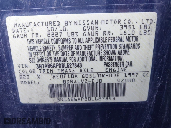 2011 Nissan Sentra S с VIN 3N1AB6AP8BL627843, выставлен на аукционе IAAI как лот 41161074 с пробегом Не указан миль и . История ставок и продаж доступна на DreamBid. Изображение 9.