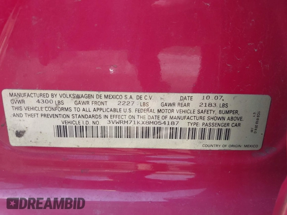 2008 Volkswagen Jetta SE z VIN 3VWRM71KX8M054187, wystawiony jako IAAI lot #42279897 z przebiegiem 179 228 mil mil oraz . Historia ofert i sprzedaży dostępna na DreamBid. Obrazek 9.