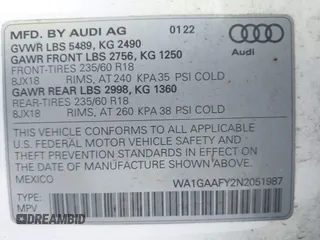 2022 Audi Q5 S line Premium with VIN WA1GAAFY2N2051987, listed as a IAAI auction lot 41379159 with 34,592 mi miles and . Bid and sale history available at DreamBid. Image 9.