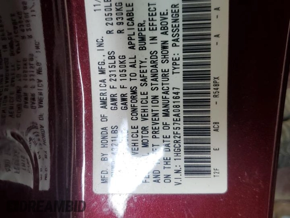 2014 Honda Accord Sport with VIN 1HGCR2F57EA081647, listed as a Copart auction lot 54740305 with 191,027 mi miles and Clean Title. Bid and sale history available at DreamBid. Image 12.