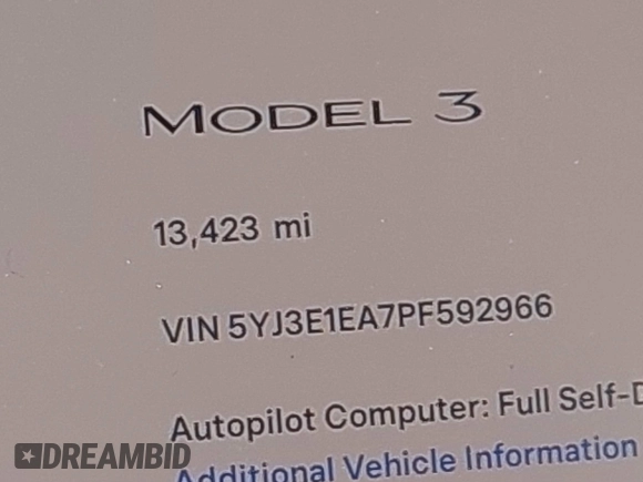 2023 Tesla Model 3 with VIN 5YJ3E1EA7PF592966, listed as a IAAI auction lot 41879794 with 13,423 mi miles and . Bid and sale history available at carsss.com. Image 16.