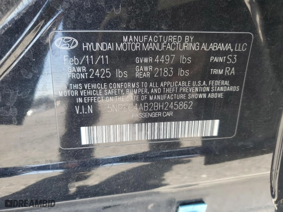 2011 Hyundai Sonata SE with VIN 5NPEC4AB2BH245862, listed as a Copart auction lot 50172535 with 93,133 mi miles and Salvage Title. Bid and sale history available at carsss.com. Image 12.