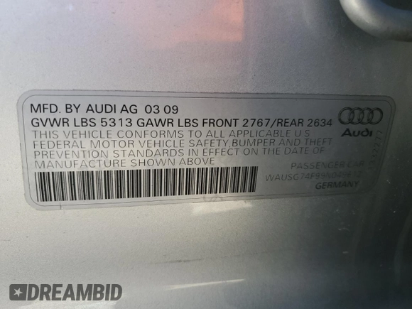 2009 Audi A6 Premium Plus z VIN WAUSG74F99N049612, wystawiony jako Copart lot #69123354 z przebiegiem 113 527 mil mil oraz Szkoda całkowita • Salvage title. Historia ofert i sprzedaży dostępna na DreamBid. Obrazek 15.